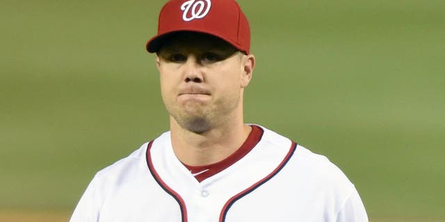 WASHINGTON, DC - APRIL 11: Jonathan Papelbon #58 of the Washington Nationals celebrates a win after a baseball game against the Atlanta Braves at Nationals Park on April 11, 2016 in Washington, DC. The Nationals won 6-4. (Photo by Mitchell Layton/Getty Images)