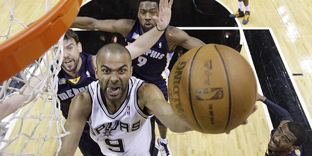 April 20: San Antonio Spurs' Tony Parker (9), of France, drives to the basket as Memphis Grizzlies' Marc Gasol, left, of Spain, Tony Allen (9) and Mike Conley, right, defend during the first quarter of Game 2 of a first-round NBA basketball playoff series in San Antonio.