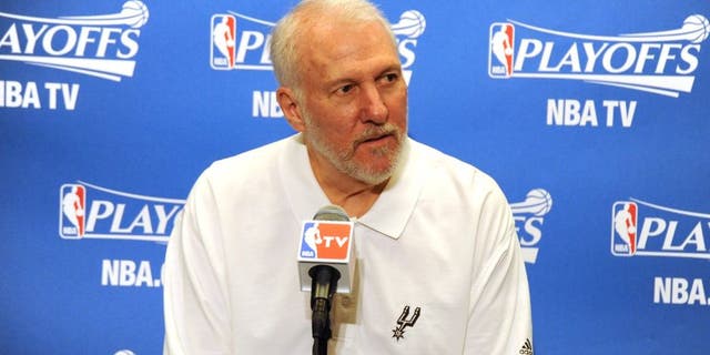 LOS ANGELES, CA - APRIL 19: Head Coach Gregg Popovich of the San Antonio Spurs speaks at a pre-game press conference in Game One of the Western Conference Quarterfinals against the Los Angeles Clippers during the 2015 NBA Playoffs on April 19, 2015 at Staples Center in Los Angeles, California. NOTE TO USER: User expressly acknowledges and agrees that, by downloading and or using this Photograph, user is consenting to the terms and conditions of the Getty Images License Agreement. Mandatory Copyright Notice: Copyright 2015 NBAE (Photo by Andrew D. Bernstein/NBAE via Getty Images)