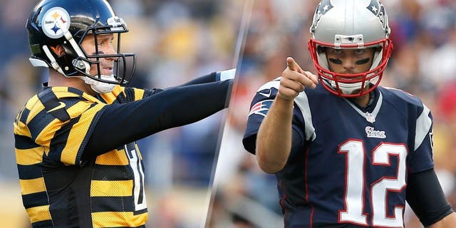 PITTSBURGH, PA - OCTOBER 26: Ben Roethlisberger #7 of the Pittsburgh Steelers signals during the first quarter against the Indianapolis Colts at Heinz Field on October 26, 2014 in Pittsburgh, Pennsylvania. (Photo by Joe Robbins/Getty Images) FOXBORO, MA - SEPTEMBER 21: Tom Brady #12 of the New England Patriots gestures during the third quarter against the Oakland Raiders at Gillette Stadium on September 21, 2014 in Foxboro, Massachusetts. (Photo by Jim Rogash/Getty Images)
