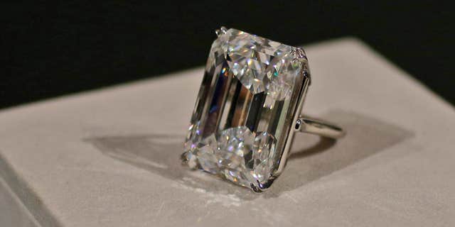 April 17, 2015: A 100-carat emerald-cut diamond is on display at Sotheby's.