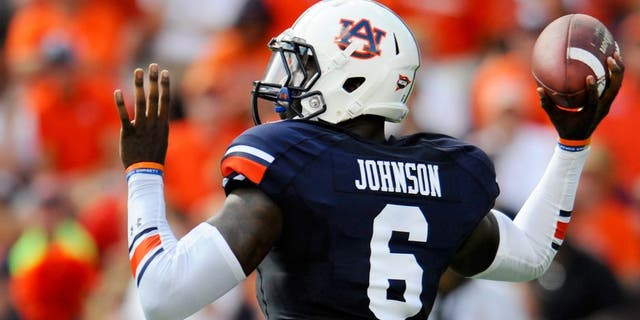 Aug 30, 2014; Auburn, AL, USA; Auburn Tigers quarterback Jeremy Johnson (6) passes the ball during the first half against the Arkansas Razorbacks at Jordan Hare Stadium. Mandatory Credit: Shanna Lockwood-USA TODAY Sports