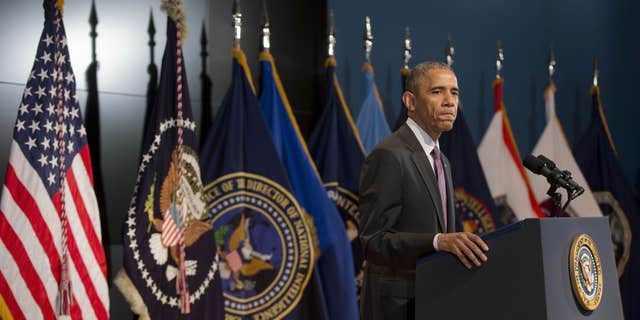 April 24, 2015: President Barack Obama pauses while speaking at the Office of the Director of National Intelligence's (ODNI) 10th anniversary at ODNI headquarters in McLean, Va.