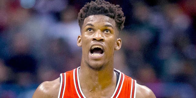 Apr 23, 2015; Milwaukee, WI, USA; Chicago Bulls guard Jimmy Butler (21) reacts after making a basket during the third quarter against the Milwaukee Bucks in game three of the first round of the NBA Playoffs at BMO Harris Bradley Center. Mandatory Credit: Jeff Hanisch-USA TODAY Sports