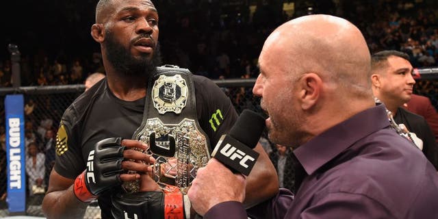 LAS VEGAS, NV - APRIL 23: Joe Rogan interviews Jon Jones after his victory over Ovince Saint Pruex in their interim UFC light heavyweight championship bout during the UFC 197 event inside MGM Grand Garden Arena on April 23, 2016 in Las Vegas, Nevada. (Photo by Josh Hedges/Zuffa LLC/Zuffa LLC via Getty Images)