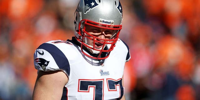 January 19, 2014; Denver, CO, USA; New England Patriots offensive tackle Nate Solder (77) against the Denver Broncos in the 2013 AFC Championship football game at Sports Authority Field at Mile High. Mandatory Credit: Mark J. Rebilas-USA TODAY Sports