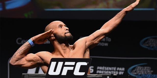 MONTREAL, QC - APRIL 24: UFC flyweight champion Demetrious Johnson of the United States weighs in during the UFC 186 weigh-in at Metropolis on April 24, 2015 in Montreal, Quebec, Canada. (Photo by Josh Hedges/Zuffa LLC/Zuffa LLC via Getty Images)