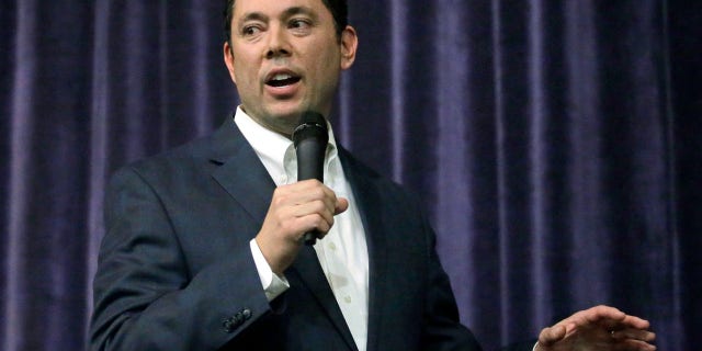 FILE - In this Feb. 9, 2017, file photo, Rep. Jason Chaffetz, R-Utah speaks during a town hall meeting at Brighton High School in Cottonwood Heights, Utah.