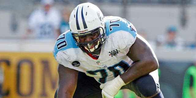 Dec 22, 2013; Jacksonville, FL, USA; Tennessee Titans offensive guard Chance Warmack (70) against the Jacksonville Jaguars during the first half at EverBank Field. Mandatory Credit: Kim Klement-USA TODAY Sports