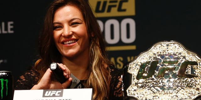 NEW YORK, NY - APRIL 27: Miesha Tate, UFC women's bantamweight champion appears during a media availability for UFC 200 at Madison Square Garden on April 27, 2016 in New York City. (Photo by Jeff Zelevansky/Getty Images)
