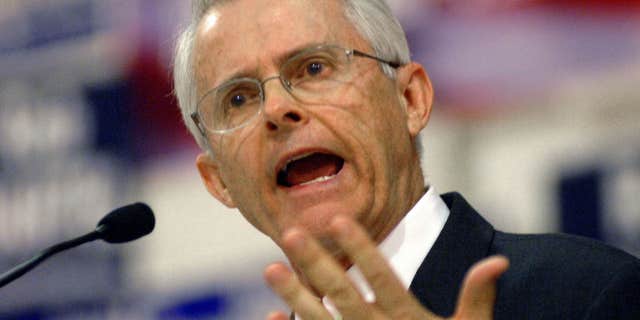 FILE - In a Nov. 10, 2007 file photo, Republican House of Representatives hopeful Dick Black speaks at a convention held by the Republican 1st District Congressional Committee in Milford, Va.