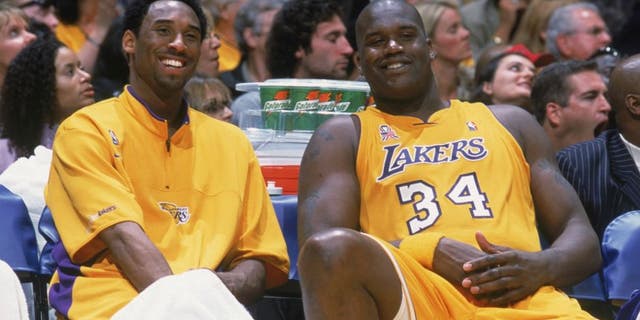 17 Apr 2002: Kobe Bryant #8 of the Los Angeles Lakers talks with his teammate, Shaquille O''Neal #34, during the NBA game against the Sacramento Kings at the Staples Center in Los Angeles, California. The Lakers won, 109-95. NOTE TO USER: User expressly acknowledges and agrees that, by downloading and/or using this Photograph, User is consenting to the terms and conditions of the Getty Images License Agreement. Mandatory copyright notice: Copyright 2002 NBAE Mandatory Credit: Andrew D Bernstein/NBAE/Getty Images