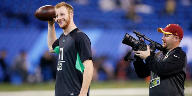 INDIANAPOLIS, IN - FEBRUARY 27: Quarterback Carson Wentz of North Dakota State looks on during the 2016 NFL Scouting Combine at Lucas Oil Stadium on February 27, 2016 in Indianapolis, Indiana. (Photo by Joe Robbins/Getty Images)