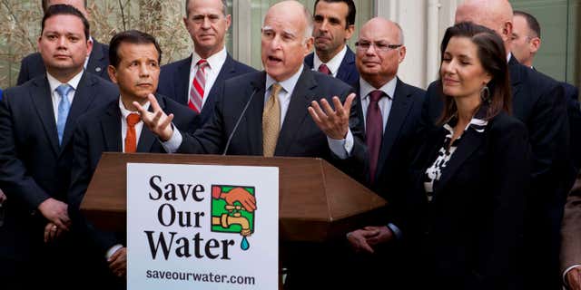 April 28, 2015: Gov. Jerry Brown talks during a news conference after meeting with several California mayors to discuss water conservation at the Capitol in Sacramento, Calif.