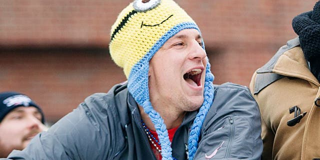 BOSTON, MA - FEBRUARY 4: Patriots tight end Rob Gronkowski yells to fans during the New England Patriots victory parade on February 4, 2015 in Boston, Massachusetts. (Photo by Scott Eisen/Getty Images)