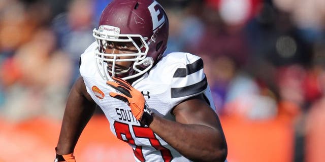 Jan 30, 2016; Mobile, AL, USA; South squad defensive end Noah Spence of Eastern Kentucky (97) in the second quarter of the Senior Bowl at Ladd-Peebles Stadium. Mandatory Credit: Chuck Cook-USA TODAY Sports