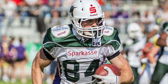 Moritz Boehringer, Wide Receiver of Schwaebisch Hall Unicorns, during a match between Schwaebisch Hall Unicorns and Vienna Vikings in Vienna, Austria, 17 May 2015. With a 45:23 victory, the team qualified for the Eurobowl for the first time. Boehringer is said to have realistic chances to be drafted during the draft in Chicago on Saturday. The 22-year-old would be the first German from the German Football League to receive a contract. Photo by: Manfred Löffler/picture-alliance/dpa/AP Images