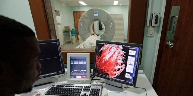 A doctor observes a screen showing a graphical representation of a heart of a woman who is lying down during a whole-body scan in the tomography section of Havana's main cardiology and heart surgery hospital October 19, 2012. 