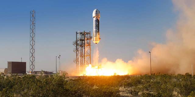 April 29, 2015: The New Shepard space vehicle blasts off on its first developmental test flight over Blue Origin's west Texas Launch Site.