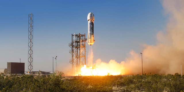 April 29, 2015: The New Shepard space vehicle blasts off on its first developmental test flight over Blue Origin's west Texas Launch Site.
