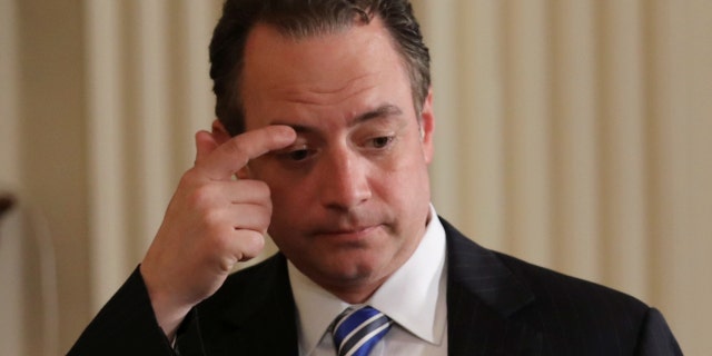 White House Chief of Staff Reince Priebus attends a joint news conference between U.S. President Donald Trump and NATO Secretary General Jens Stoltenberg in the Oval Office at the White House in Washington, U.S., April 12, 2017. REUTERS/Carlos Barria - RTX35BKQ