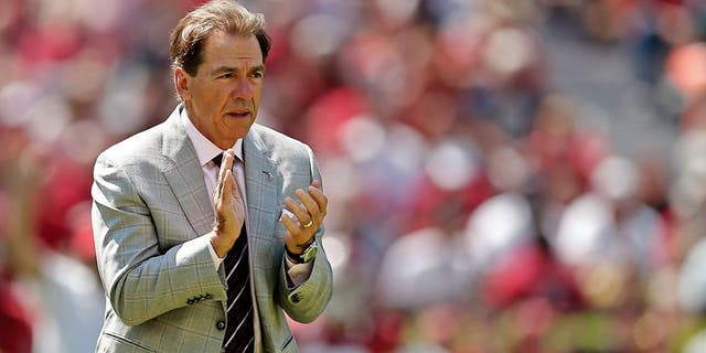 TUSCALOOSA, AL - APRIL 19: Head coach Nick Saban of the Alabama Crimson Tide watches action during the Alabama A-Day spring game at Bryant-Denny Stadium on April 19, 2014 in Tuscaloosa, Alabama. (Photo by Stacy Revere/Getty Images)
