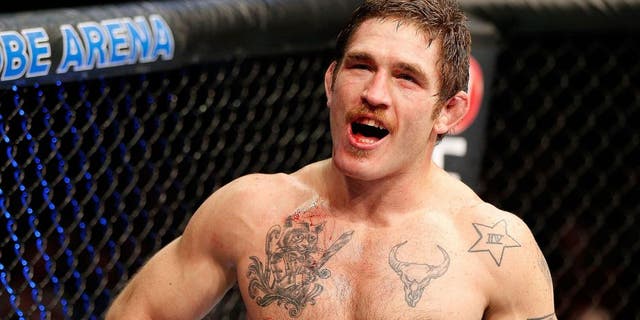STOCKHOLM, SWEDEN - APRIL 06: Tom Lawlor reacts after defeating Michael Kuiper in their middleweight fight at the Ericsson Globe Arena on April 6, 2013 in Stockholm, Sweden. (Photo by Josh Hedges/Zuffa LLC/Zuffa LLC via Getty Images)