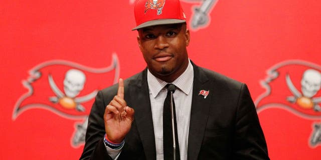 May 1, 2015; Tampa, FL, USA; Tampa Bay Buccaneers quarterback Jameis Winston (3) is introduced at a press conference at One Buc Place the day after being selected as the number one overall pick in the 2015 NFL Draft. Mandatory Credit: Kim Klement-USA TODAY Sports