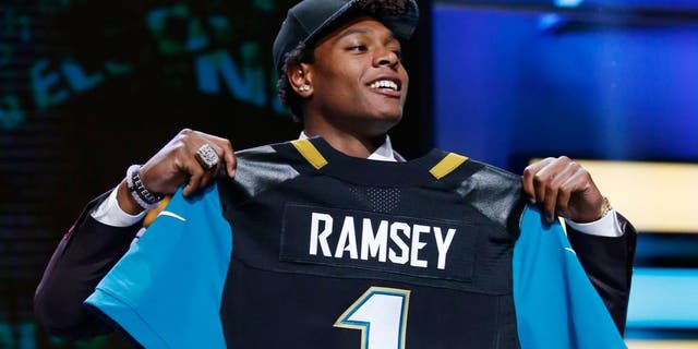 Apr 28, 2016; Chicago, IL, USA; Jalen Ramsey (Florida State) is selected by the Jacksonville Jaguars as the number five overall pick in the first round of the 2016 NFL Draft at Auditorium Theatre. Mandatory Credit: Kamil Krzaczynski-USA TODAY Sports