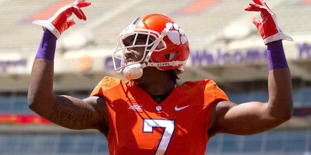 Apr 11, 2015; Clemson, SC, USA; Clemson Tigers wide receiver Mike Williams (7) celebrates after scoring a touchdown during the first half of the Clemson spring game at Clemson Memorial Stadium. Mandatory Credit: Joshua S. Kelly-USA TODAY Sports