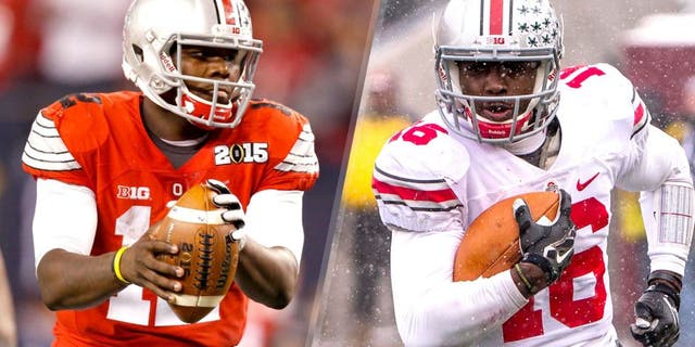 Caption: Jan 12, 2015; Arlington, TX, USA; Ohio State Buckeyes quarterback Cardale Jones (12) in game action against the Oregon Ducks in the 2015 CFP National Championship Game at AT&T Stadium. Ohio State won 42-20. Mandatory Credit: Tim Heitman-USA TODAY Sports Nov 15, 2014; Minneapolis, MN, USA; Ohio State Buckeyes quarterback J.T. Barrett (16) rushes with the ball for a first down in the first half against the Minnesota Golden Gophers at TCF Bank Stadium. Mandatory Credit: Jesse Johnson-USA TODAY Sports