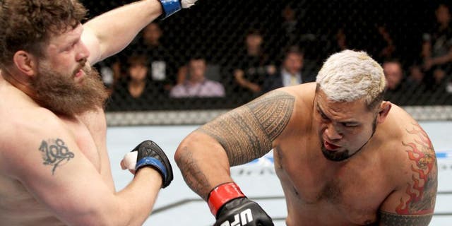 SAITAMA, JAPAN - SEPTEMBER 20: Mark Hunt throws a punch at Roy Nelson in their heavyweight bout during the UFC Fight Night event inside the Saitama Arena on September 20, 2014 in Saitama, Japan. (Photo by Mitch Viquez/Zuffa LLC/Zuffa LLC via Getty Images)