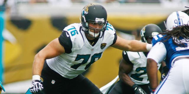 Sep 29, 2013; Jacksonville, FL, USA; Jacksonville Jaguars tackle Luke Joeckel (76) in the first quarter of their game against the Indianapolis Colts at EverBank Field. The Indianapolis Colts beat the Jacksonville Jaguars 37-3. Mandatory Credit: Phil Sears-USA TODAY Sports