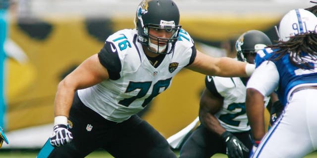 Sep 29, 2013; Jacksonville, FL, USA; Jacksonville Jaguars tackle Luke Joeckel (76) in the first quarter of their game against the Indianapolis Colts at EverBank Field. The Indianapolis Colts beat the Jacksonville Jaguars 37-3. Mandatory Credit: Phil Sears-USA TODAY Sports