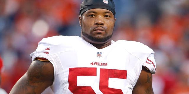 Oct 19, 2014; Denver, CO, USA; San Francisco 49ers outside linebacker Ahmad Brooks (55) before the game against the Denver Broncos at Sports Authority Field at Mile High. Mandatory Credit: Chris Humphreys-USA TODAY Sports