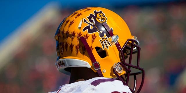 Nov 28, 2014; Tucson, AZ, USA; Detailed view of an Arizona State Sun Devils helmet against the Arizona Wildcats during the 88th annual territorial cup at Arizona Stadium. Mandatory Credit: Mark J. Rebilas-USA TODAY Sports