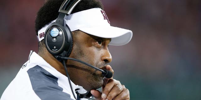 NASHVILLE, TN - DECEMBER 30: Head coach Kevin Sumlin of the Texas A&M Aggies looks on against the Louisville Cardinals during the Franklin American Mortgage Music City Bowl at Nissan Stadium on December 30, 2015 in Nashville, Tennessee. Louisville defeated Texas A&M 27-21. (Photo by Joe Robbins/Getty Images)