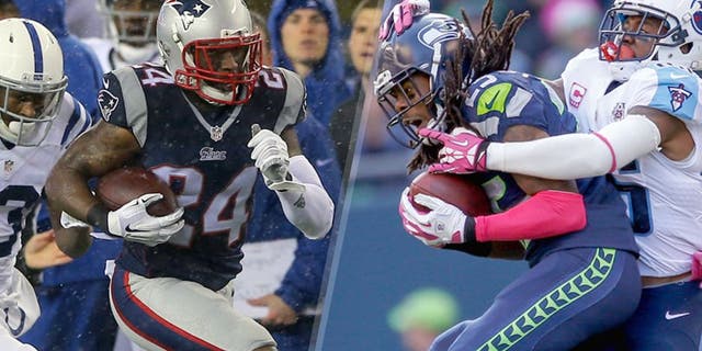 L - FOXBORO, MA - JANUARY 18: Darrelle Revis #24 of the New England Patriots runs with the ball after an interception against the Indianapolis Colts in the second half of the 2015 AFC Championship Game at Gillette Stadium on January 18, 2015 in Foxboro, Massachusetts. (Photo by Elsa/Getty Images) R - SEATTLE, WA - OCTOBER 13: Cornerback Richard Sherman #25 of the Seattle Seahawks intercepts a pass against wide receiver Nate Washington #85 of the Tennessee Titans in the second half at CenturyLink Field on October 13, 2013 in Seattle, Washington. The Seahawks defeated the Titans 20-13. (Photo by Otto Greule Jr/Getty Images)