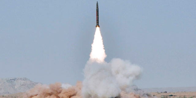 May 8: In this handout photo released by Pakistan's Inter Services Public Relations, a Ghaznavi missile is launched from an undisclosed location in Pakistan.