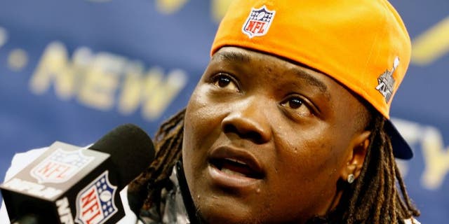NEWARK, NJ - JANUARY 28: Outside linebacker Danny Trevathan #59 of the Denver Broncos talks with the media during Super Bowl XLVIII Media Day at the Prudential Center on January 28, 2014 in Newark, New Jersey. Super Bowl XLVIII will be played between the Seattle Seahawks and the Denver Broncos on February 2. (Photo by Jeff Zelevansky/Getty Images)