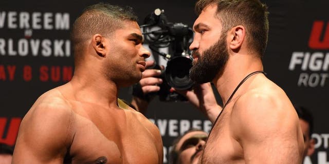 ROTTERDAM, NETHERLANDS - MAY 07: (L-R) Opponents Alistair Overeem of The Netherlands and Andrei Arlovski of Belarus face off during the UFC weigh-in at Ahoy Rotterdam on May 7, 2016 in Rotterdam, Netherlands. (Photo by Josh Hedges/Zuffa LLC/Zuffa LLC via Getty Images)