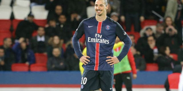 PARIS, FRANCE - APRIL 29: Zlatan Ibrahimovic of Paris Saint-Germain reacts during the French Ligue 1 match between Paris Saint-Germain and Stade Rennais at Parc des Princes on April 29, 2016 in Paris, France. (Photo by Xavier Laine/Getty Images)