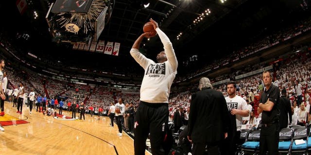 Miami Heat star Dwyane Wade warms up before the game against the Toronto Raptors in Game Three of the Eastern Conference Semifinals. (Photo by Issac Baldizon/NBAE via Getty Images)