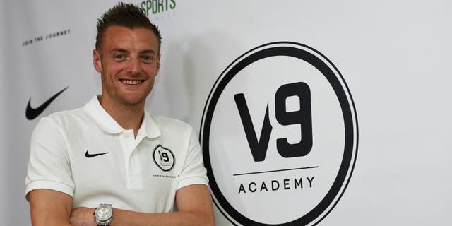 Leicester City and England striker Jamie Vardy attends the Jamie Vardy V9 Academy Launch at The King Power Stadium on May 9, 2016 in Leicester, England.