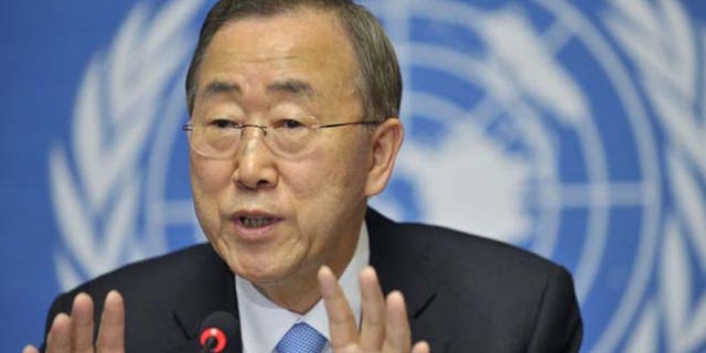 United Nations Secretary-General Ban Ki-moon speaks during a press conference at the European headquarters of the United Nations in Geneva, Switzerland. (AP)