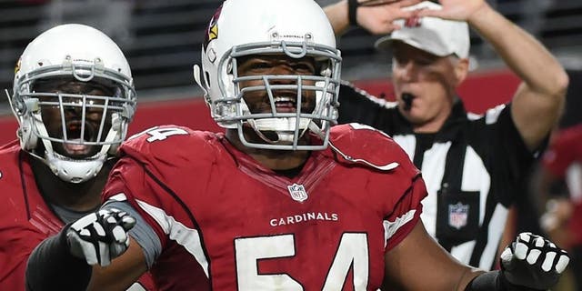 against the Green Bay Packers at University of Phoenix Stadium on December 27, 2015 in Glendale, Arizona.,GLENDALE, AZ - DECEMBER 27: Linebacker Dwight Freeney #54 and defensive end Frostee Rucker #92 of the Arizona Cardinals celebrate after a play during the NFL game against the Green Bay Packers at University of Phoenix Stadium on December 27, 2015 in Glendale, Arizona. (Photo by Norm Hall/Getty Images)