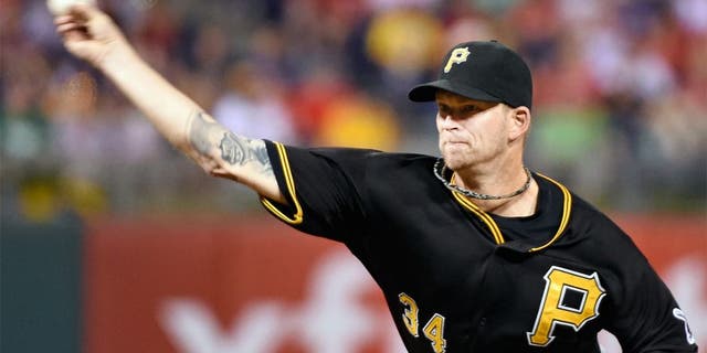 May 12, 2015; Philadelphia, PA, USA; Pittsburgh Pirates starting pitcher A.J. Burnett (34) throws a pitch during sixth inning against the Philadelphia Phillies at Citizens Bank Park. The Pirates defeated the Phillies, 7-2. Mandatory Credit: Eric Hartline-USA TODAY Sports