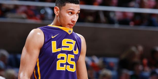 AUBURN, AL - FEBRUARY 2: Ben Simmons #25 of the LSU Tigers looks on against the Auburn Tigers during the game at Auburn Arena on February 2, 2016 in Auburn, Alabama. LSU defeated Auburn 80-68. (Photo by Joe Robbins/Getty Images)