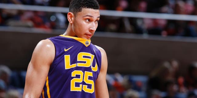 AUBURN, AL - FEBRUARY 2: Ben Simmons #25 of the LSU Tigers looks on against the Auburn Tigers during the game at Auburn Arena on February 2, 2016 in Auburn, Alabama. LSU defeated Auburn 80-68. (Photo by Joe Robbins/Getty Images)