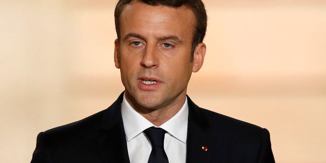 New French President Emmanuel Macron delivers a speech during his inauguration at the Elysee Palace in Paris, Sunday, May 14, 2017.